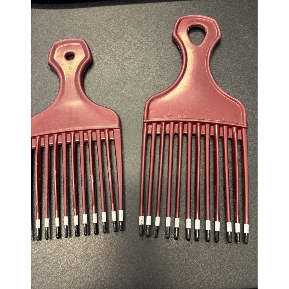 Vintage 1980s Hair Pick Comb Set Large Small Afro Lift Teasing Burgundy USA